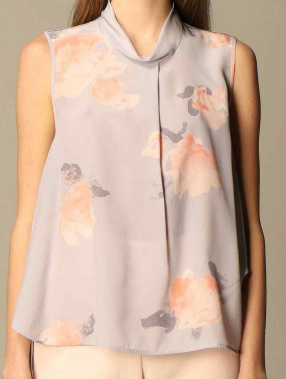 Emporio Armani Sleeveless Floral High-Neck Blouse - Light Gray & Peach